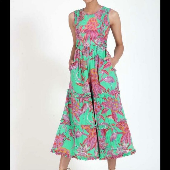 Banjanan Isha Flowy Midi Dress in Flamingo Rhododendron Green. Size XS - Picture 3 of 10